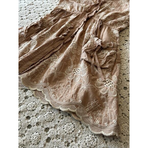 LuPruia Tan Cream Floral Embroidered Eyelet Cotton Button Front Dress Sz L Pleat - Picture 10 of 12
